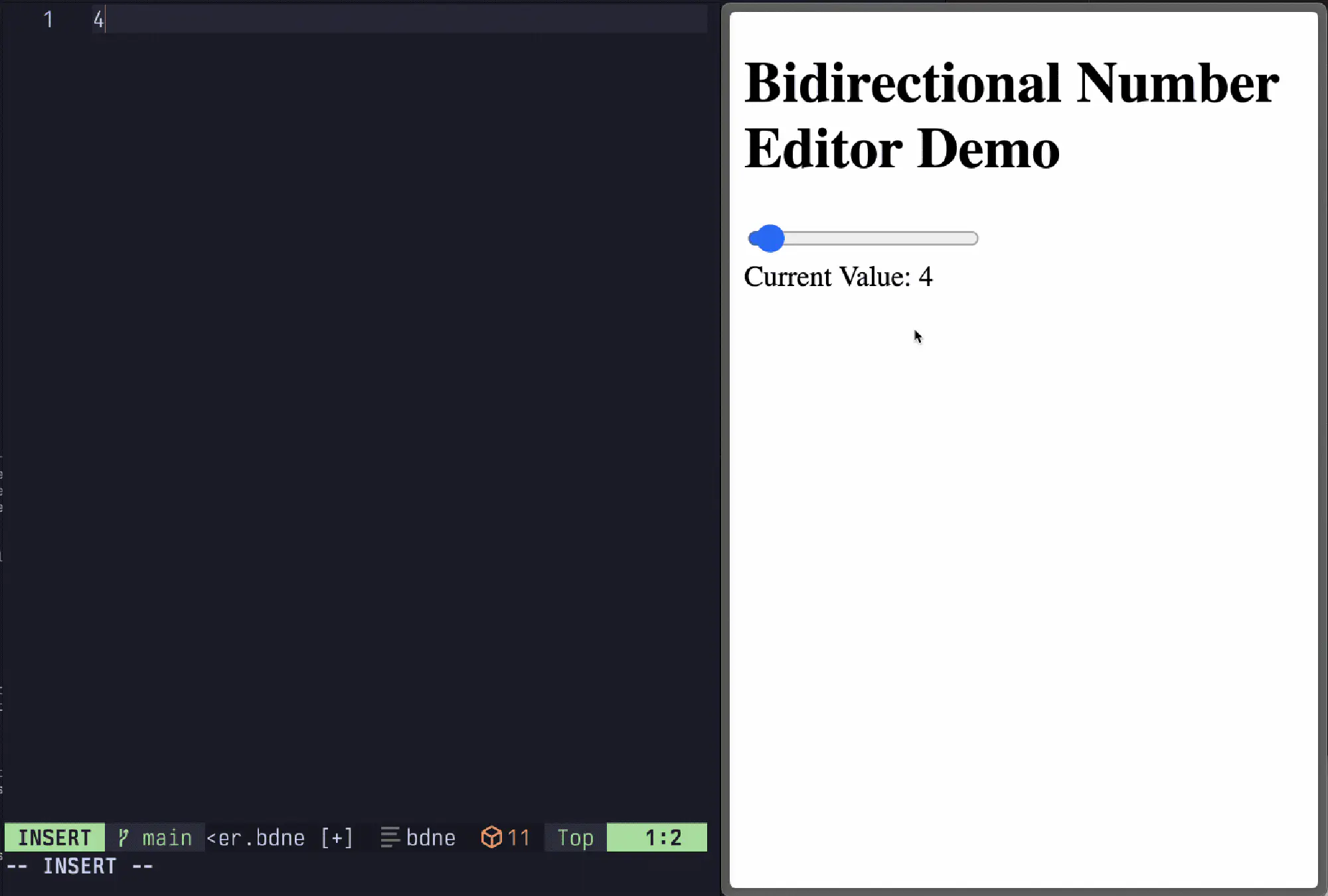 A screen recording showing edits in a text editor and a GUI updating each
other