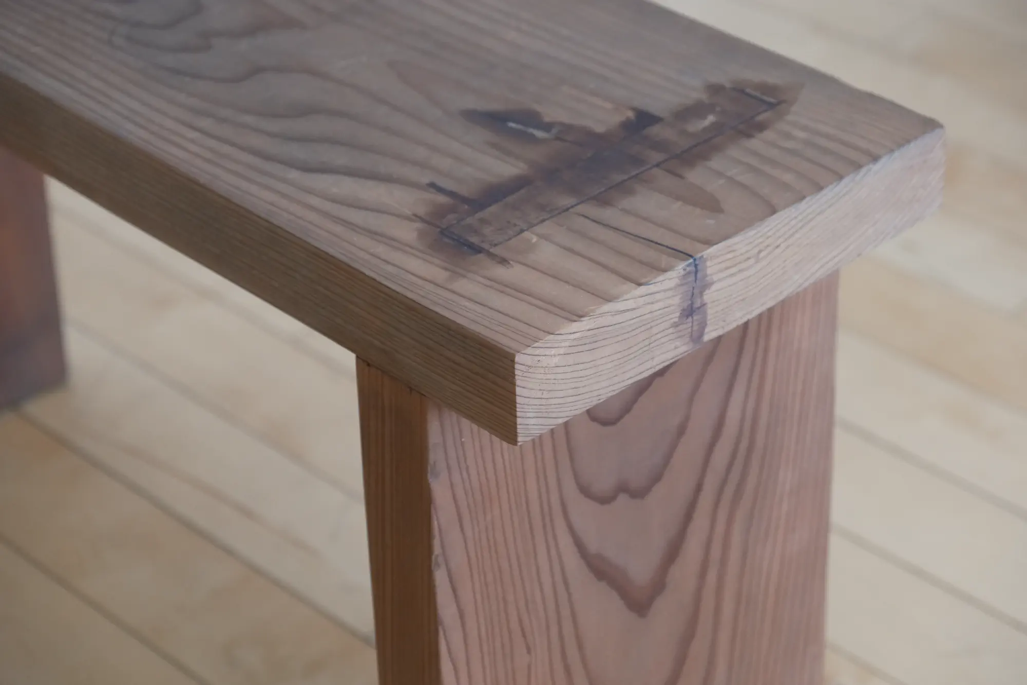 Close-up of the joinery of the shoe bench