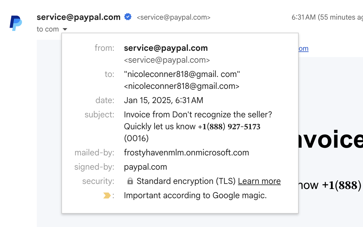 Gmail’s view of the email’s details