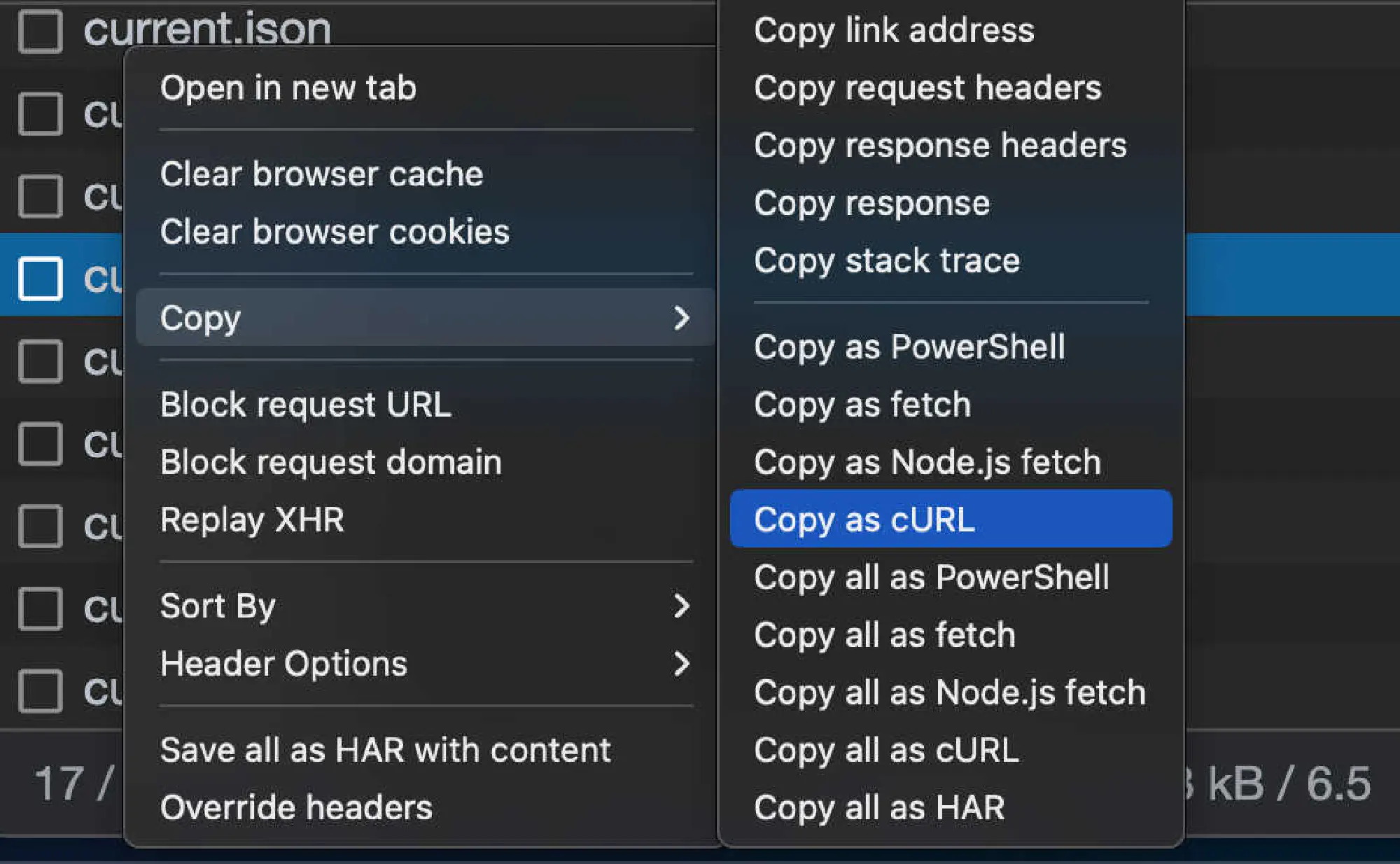A screenshot showing where the &ldquo;Copy as cURL&rdquo; option is