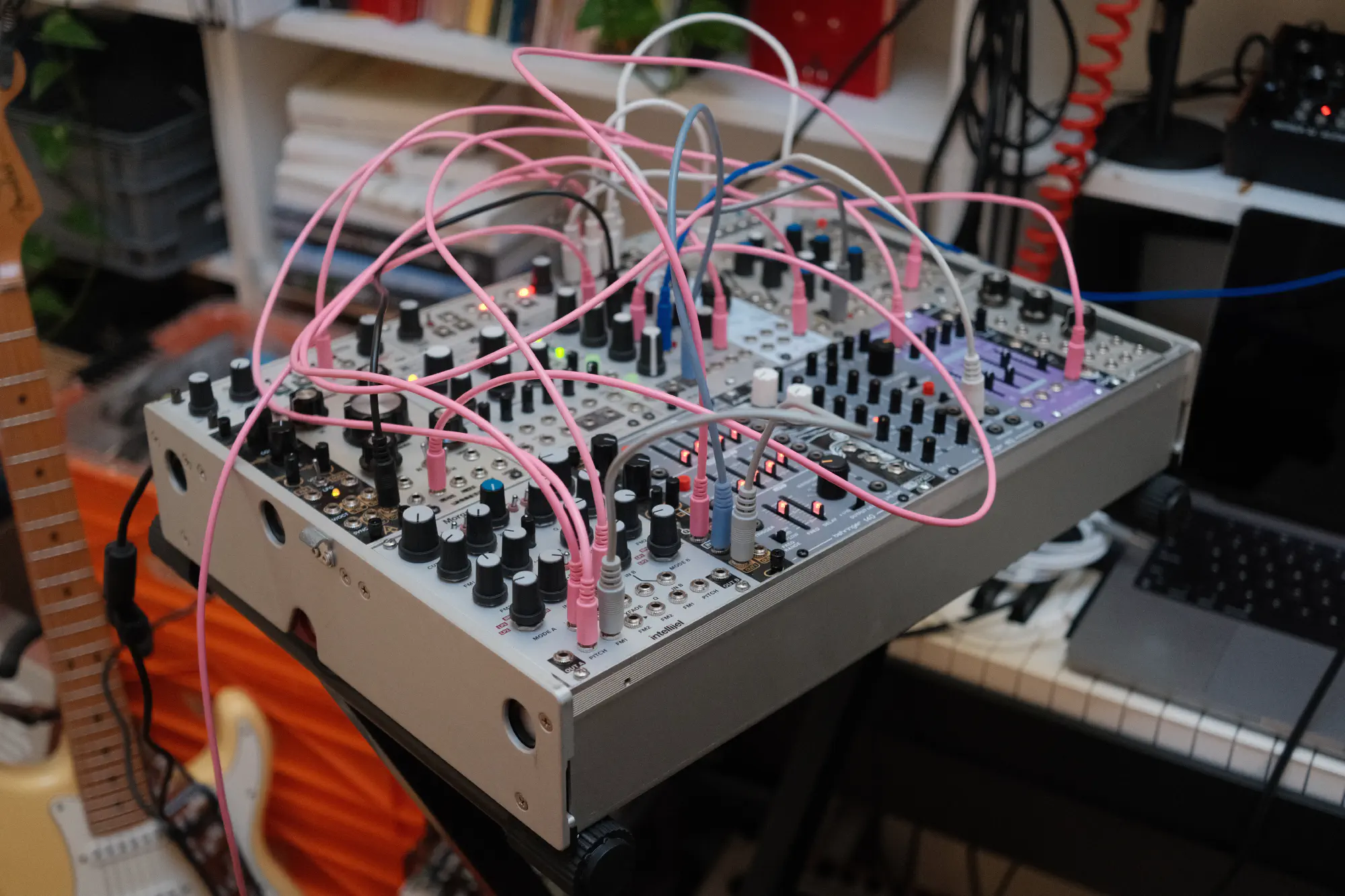 A close-up of the modular synth